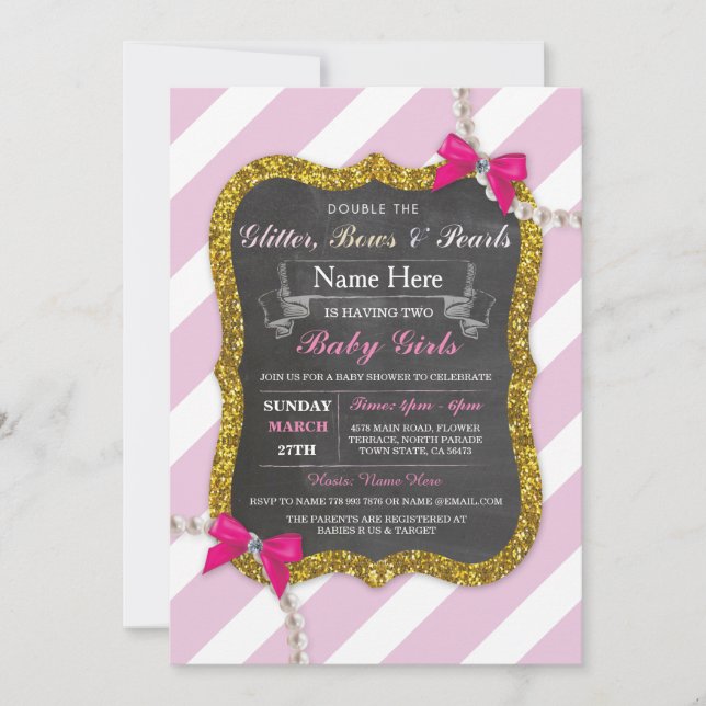 Invitation Baby shower Twins Parties scintillant en bande ros (Devant)