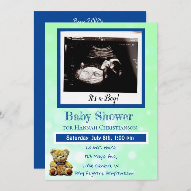 Invitation Baby shower Ultrasound pour bébé vert et bleu (Devant / Derrière)