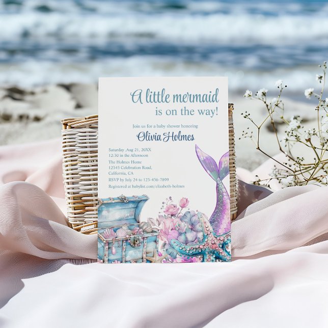 Invitation baby shower "Une petite sirène est en route" ("A Little Mermaid is On The Way" Baby Shower Invitation on a sunny beach.)
