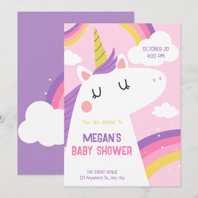 Invitation Baby shower Unicorn (Devant / Derrière)