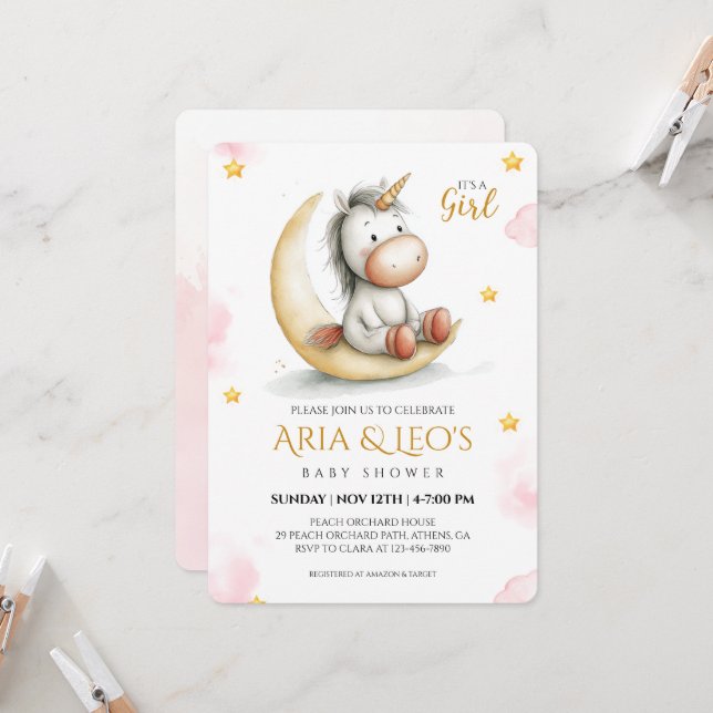Invitation Baby shower Unicorn (Devant/Arrière en situation)