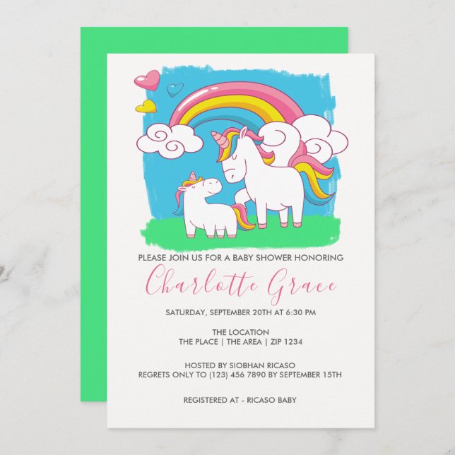 Invitation Baby shower Unicorn arc-en-ciel mignon (Devant / Derrière)