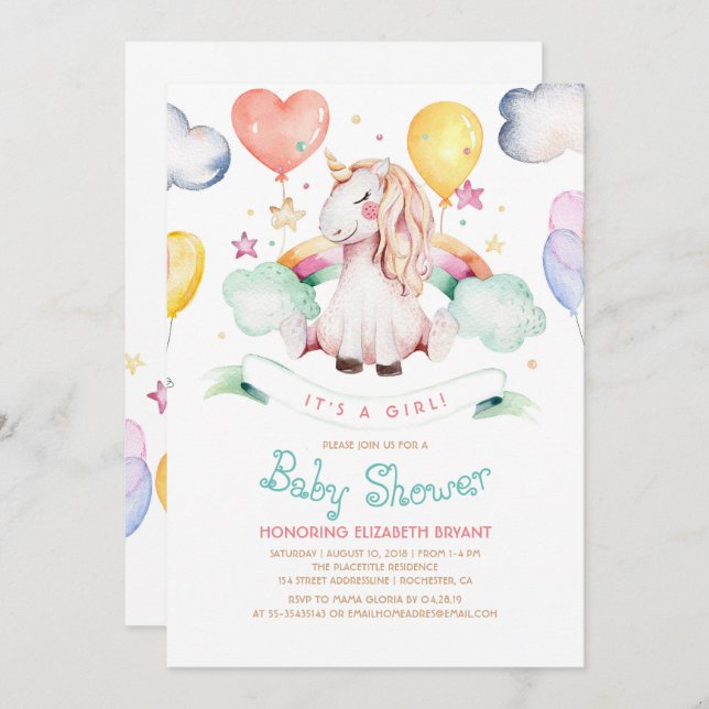 Invitation Baby shower Unicorn| C'est une fille (Devant / Derrière)