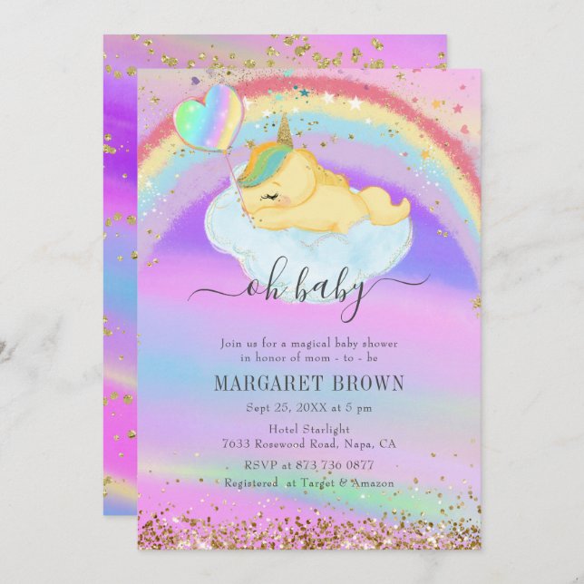 Invitation Baby shower Unicorn dormant de la Parties scintill (Devant / Derrière)