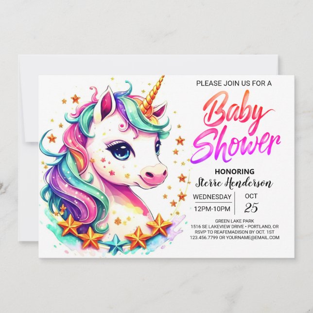 Invitation Baby shower Unicorn Enchanted Cute Pastel (Devant)