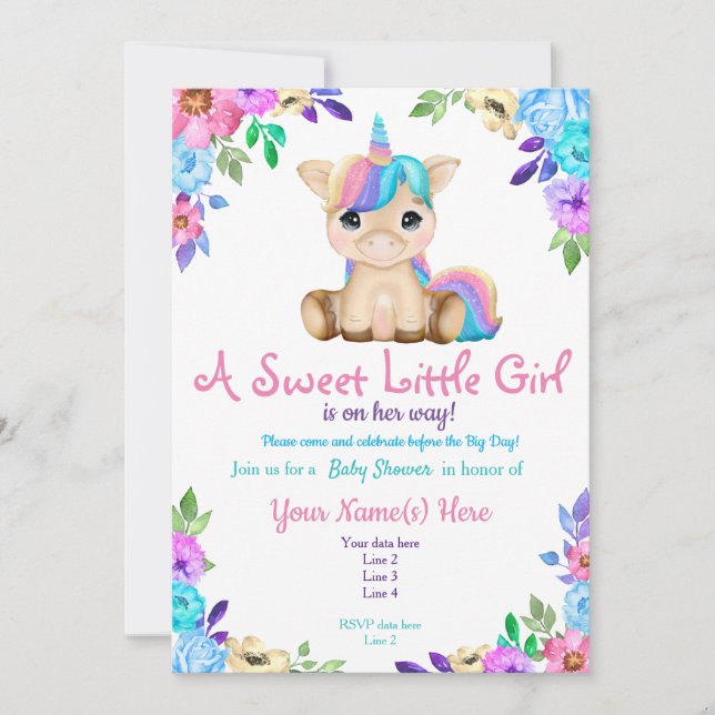 Invitation Baby shower Unicorn, Invitation Florale (Devant)