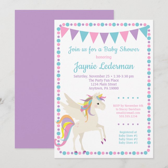 Invitation Baby shower Unicorn Neutre hommes (Devant / Derrière)