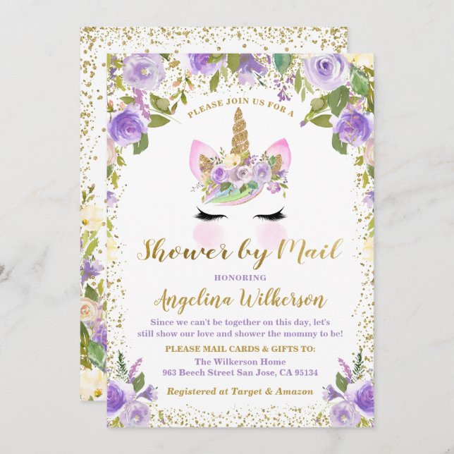 Invitation Baby shower Unicorn Par Mail Gold Purple Floral (Devant / Derrière)