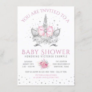 Invitation Baby shower Unicorn rose et argenté