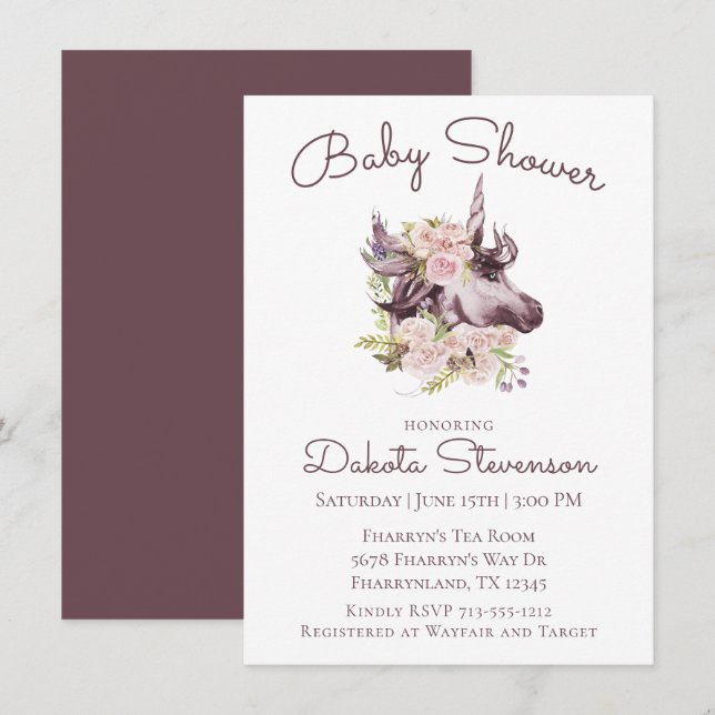 Invitation Baby shower Unicorne de Bohême | Floral Boho de vi (Devant / Derrière)