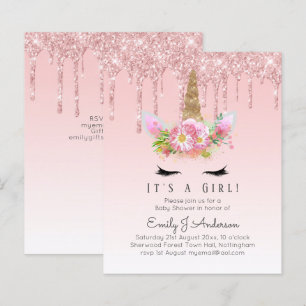 Invitation Baby shower Unicorne Filles roses migno