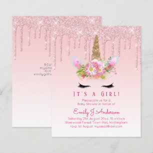 Invitation Baby shower Unicorne Filles roses migno