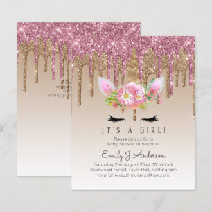 Invitation Baby shower Unicorne Filles roses migno
