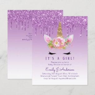Invitation Baby shower Unicorne Filles roses migno