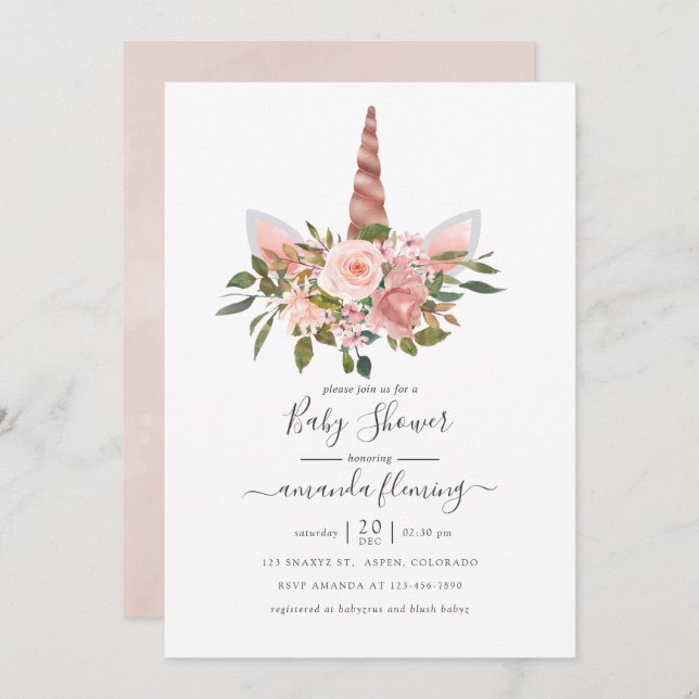 Invitation Baby shower Unicorne flush et Rose or (Devant / Derrière)