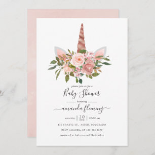 Invitation Baby shower Unicorne flush et Rose or