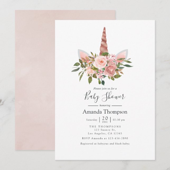 Invitation Baby shower Unicorne flush et Rose or (Devant / Derrière)
