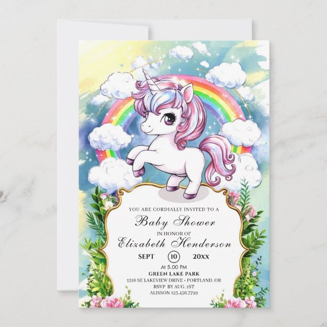 Invitation Baby shower Unicorne personnalisé aquarelle (Devant)