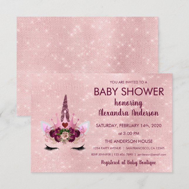 Invitation Baby shower Unicorne Rose de fille (Devant / Derrière)