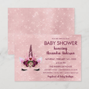 Invitation Baby shower Unicorne Rose de fille