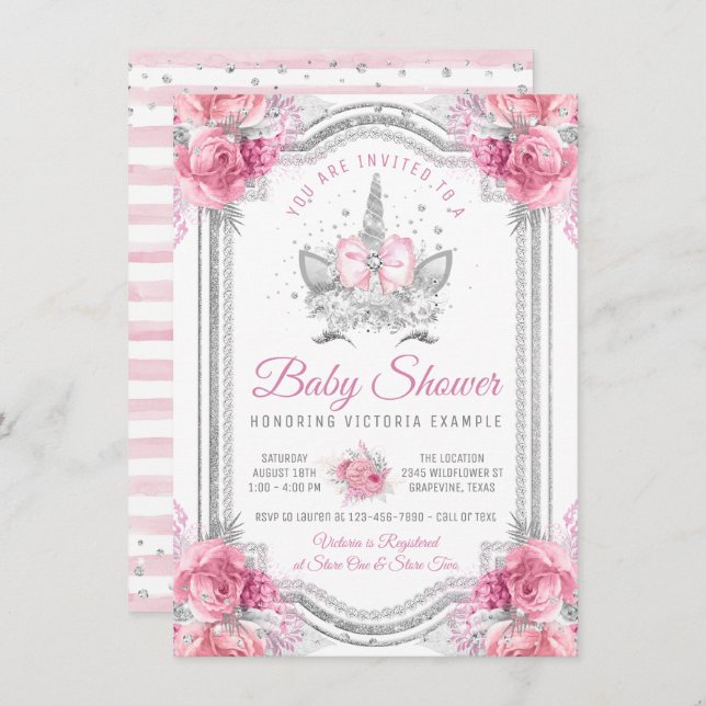 Invitation Baby shower Unicorne rose en argent (Devant / Derrière)