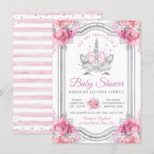 Invitation Baby shower Unicorne rose en argent