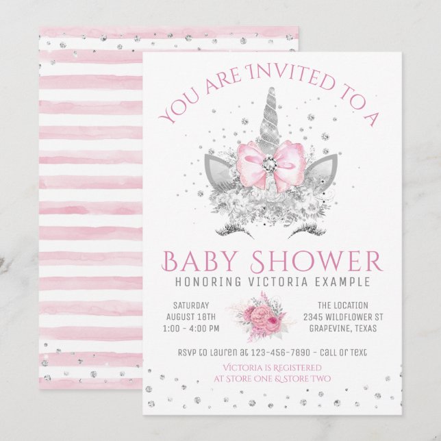Invitation Baby shower Unicorne rose et argent diamant (Devant / Derrière)