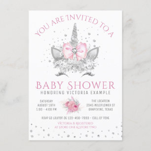 Invitation Baby shower Unicorne rose et argent diamant