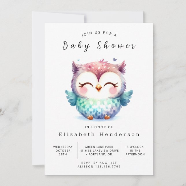 Invitation Baby shower unique de la Chouette de Bohême (Devant)