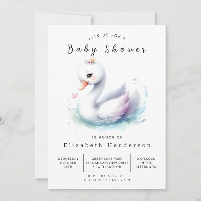 Invitation Baby shower unique en ligne Swan (Devant)