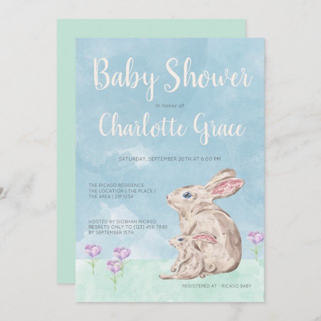 Invitation Baby shower Unisex en bois de lapin (Devant / Derrière)