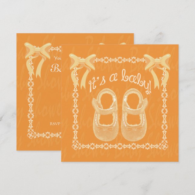 Invitation Baby shower Unisex Orange Chaussures et arcs Invit (Devant / Derrière)