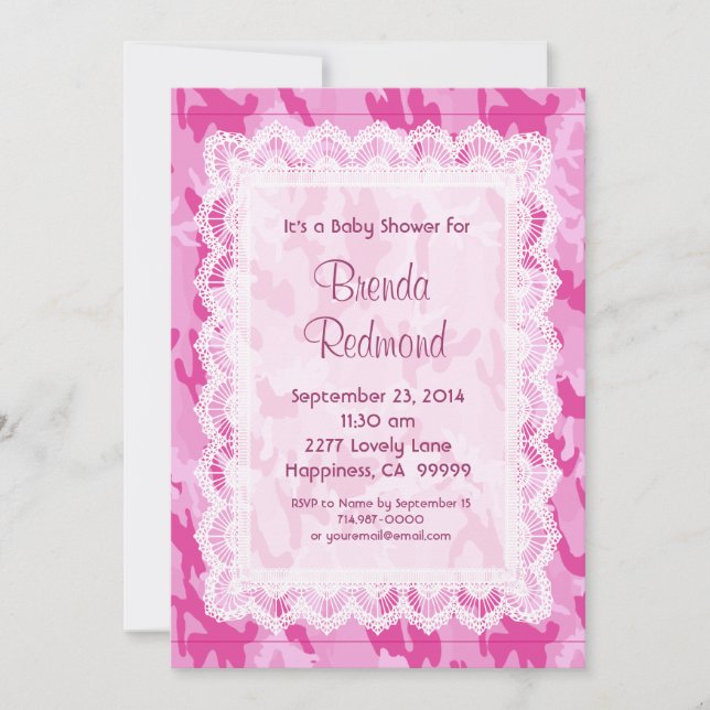 Invitation Baby shower V10 de dentelle de chamouflage rose de (Devant)