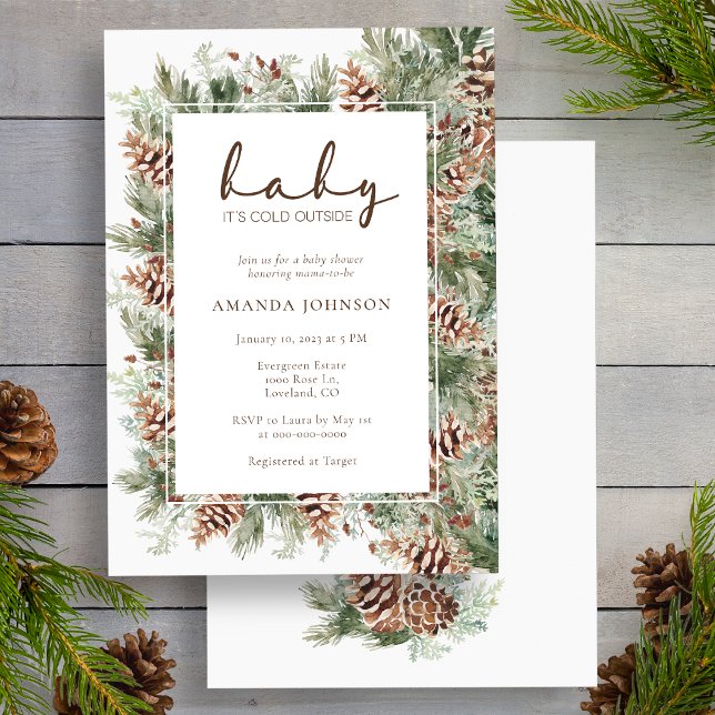 Invitation Baby Shower Vacances d'Hiver (Pinecone Evergreen Winter Holiday Baby Shower Invitation by Painted Paperie
)