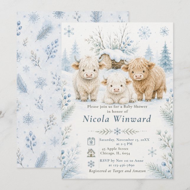 Invitation Baby Shower Vache des Highlands (Devant / Derrière)