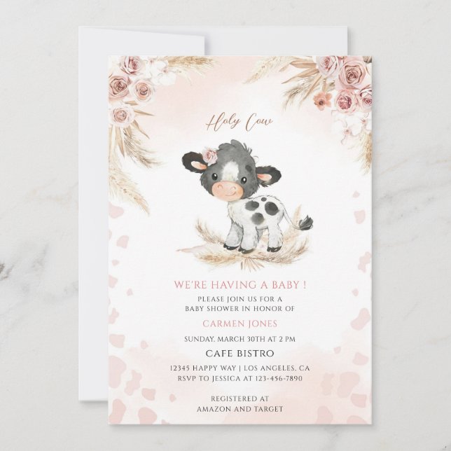 Invitation Baby-Shower Vache Fleur Rose (Devant)