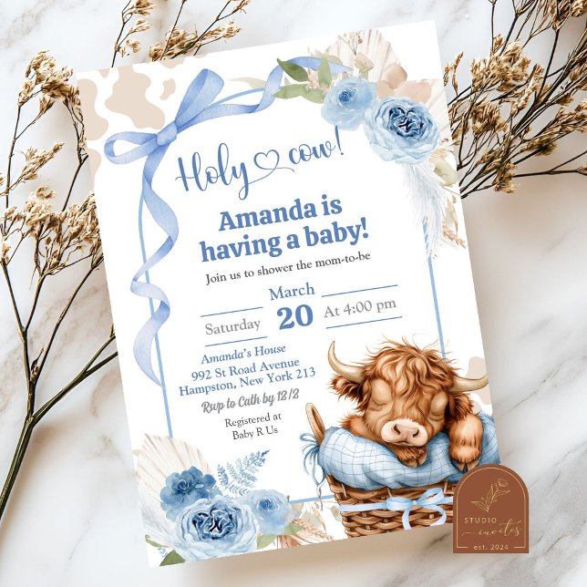 Invitation Baby Shower Vache Highland Bow Bleu Bohème (Créateur téléchargé)