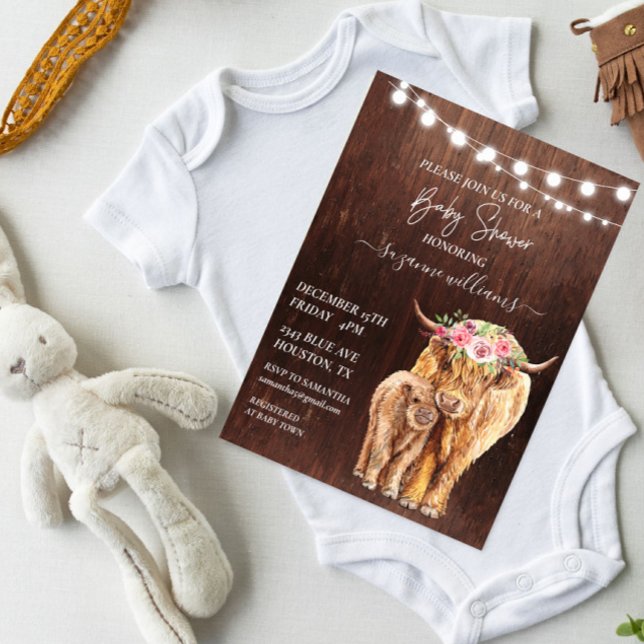 Invitation Baby Shower Vache Highland Veau Bois Rustique  (Créateur téléchargé)