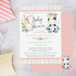 Invitation Baby Shower Vache   Veau Floral Mignon sur Bois Ru