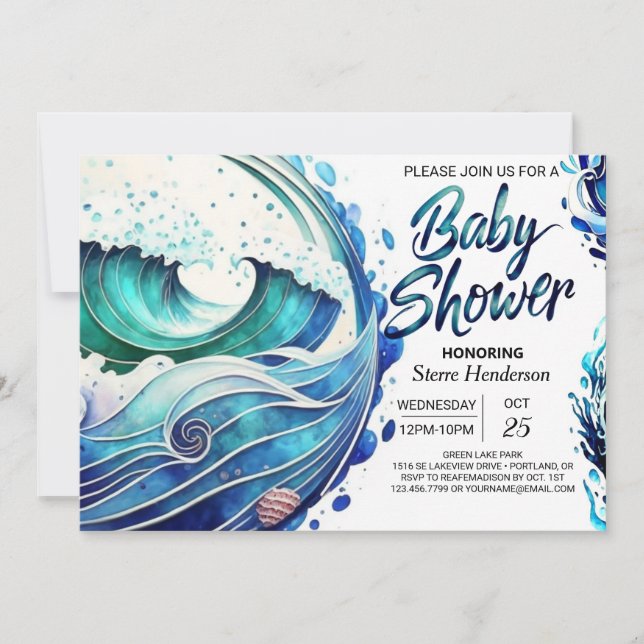 Invitation Baby shower Vagues marquées personnalisées (Devant)