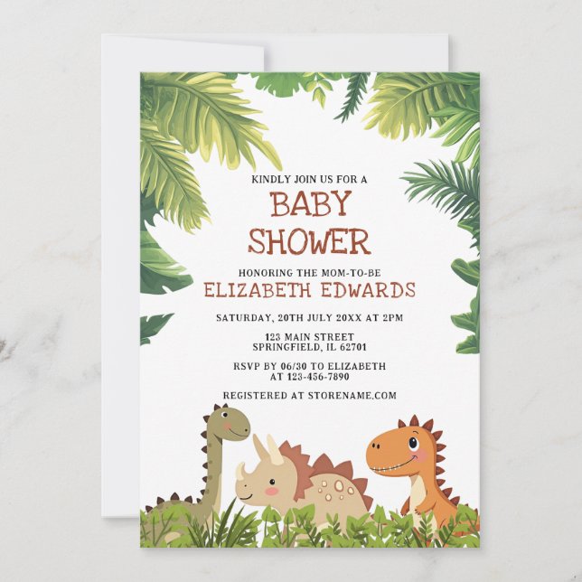 Invitation Baby Shower Végétal Jurassique Dinosaure Mignon (Devant)