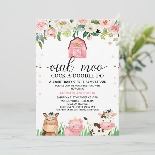 Invitation Baby shower végétal rose Plaid Farm Animaux (Debout devant)