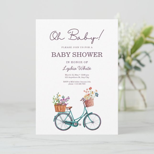 Invitation Baby shower vélo baby shower bébé fleuri (Debout devant)