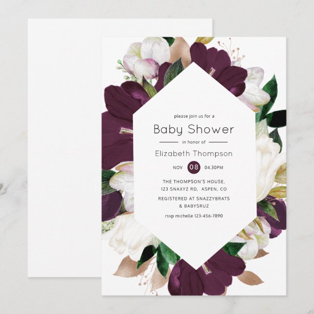 Invitation Baby Shower Velours prune foncé et fleurs blanches (Devant / Derrière)