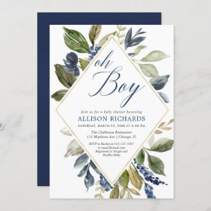 Invitation Baby shower verdoyant, bleu marine feuillage vert 