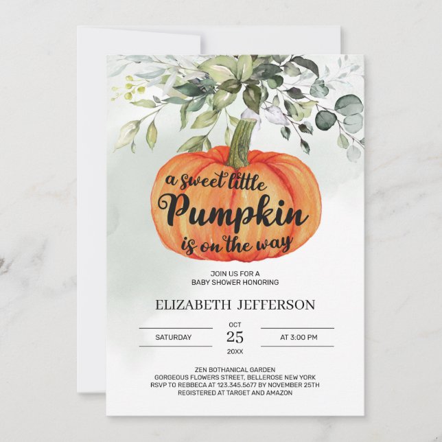 Invitation Baby shower verdoyant citrouille d'automne (Devant)