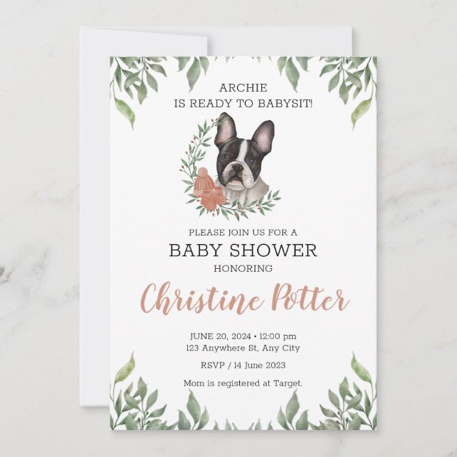 Invitation Baby shower verdoyant de fille de chien de taureau (Devant)