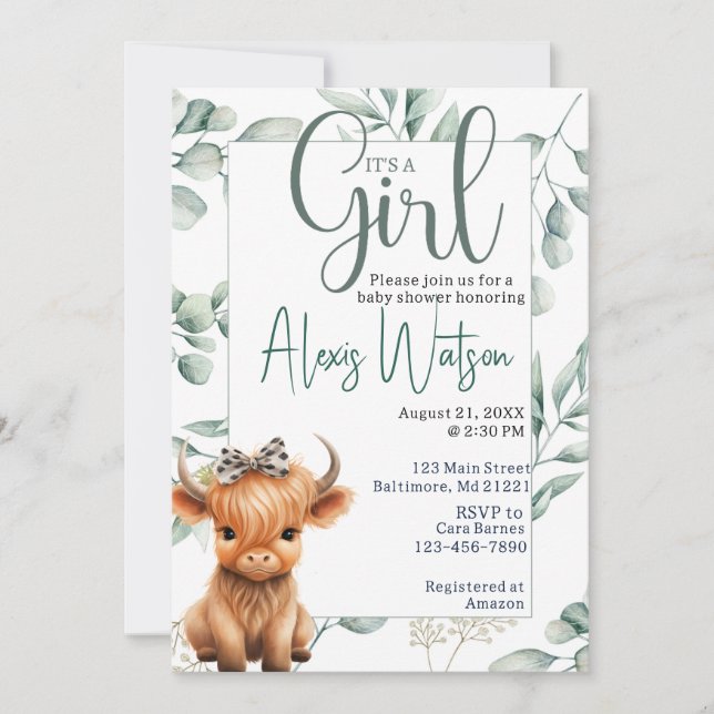 Invitation baby shower verdoyant de vache de montagne (Devant)