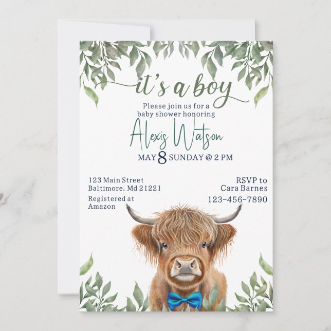 Invitation baby shower verdoyant de vache de montagne (Devant)