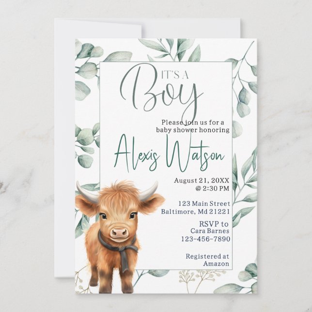 Invitation baby shower verdoyant de vache de montagne (Devant)